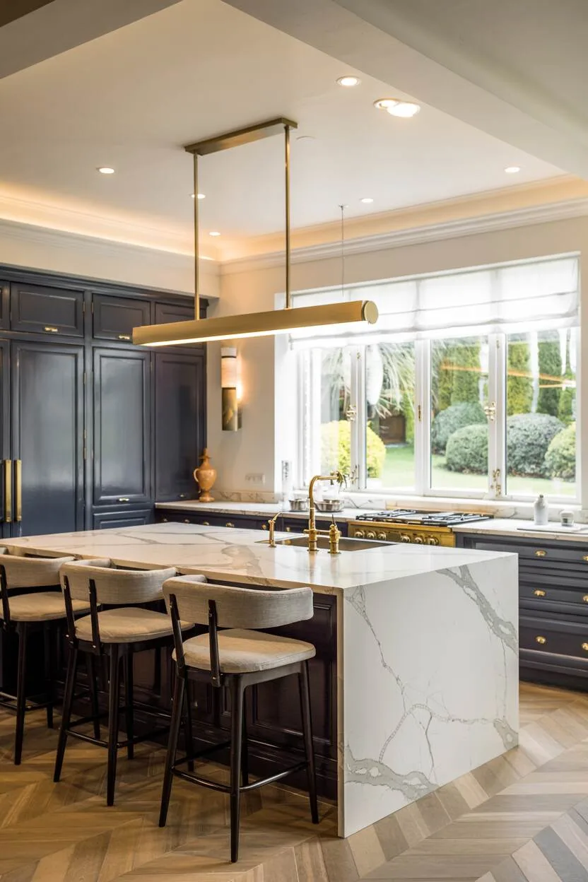 24 Bold Luxury Kitchen Design Ideas for Instant Glam 4 Modern luxury kitchen with navy blue cabinets, white marble island, grey upholstered bar stools, and brushed gold lighting fixtures.