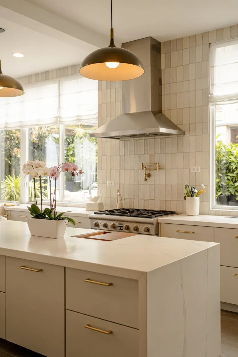 24 Bold Luxury Kitchen Design Ideas for Instant Glam 5 Minimalist luxury kitchen with white quartz waterfall island, brushed gold hardware, and grey backsplash tiles.