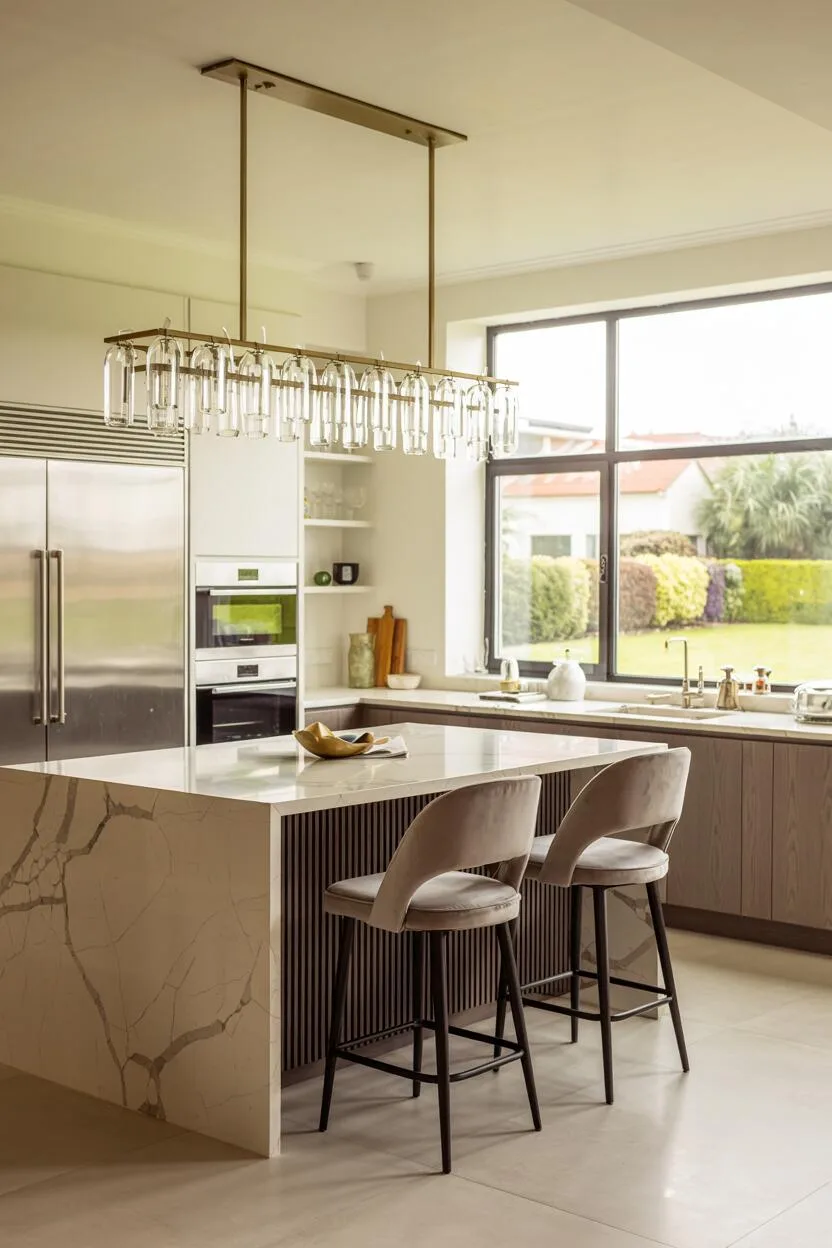 24 Bold Luxury Kitchen Design Ideas for Instant Glam 6 Modern luxury kitchen with white marble island, grey velvet bar stools, brushed gold chandelier, dark wood cabinetry, and garden view.