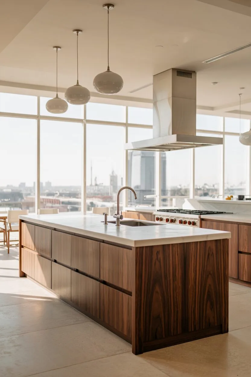 24 Bold Luxury Kitchen Design Ideas for Instant Glam 7 Modern luxury kitchen with white countertop island, pendant lights, dark walnut cabinetry, stainless steel range hood with copper accents, and panoramic city views.