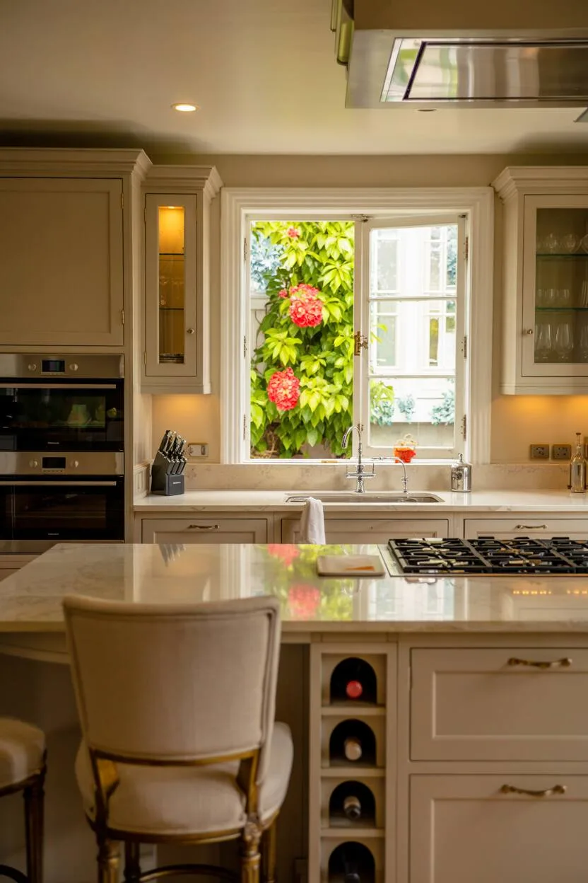 24 Bold Luxury Kitchen Design Ideas for Instant Glam 8 Modern kitchen with stainless steel appliances, dark grey cabinetry, white quartz island with built-in wine rack, cream upholstered bar stools, and garden view.