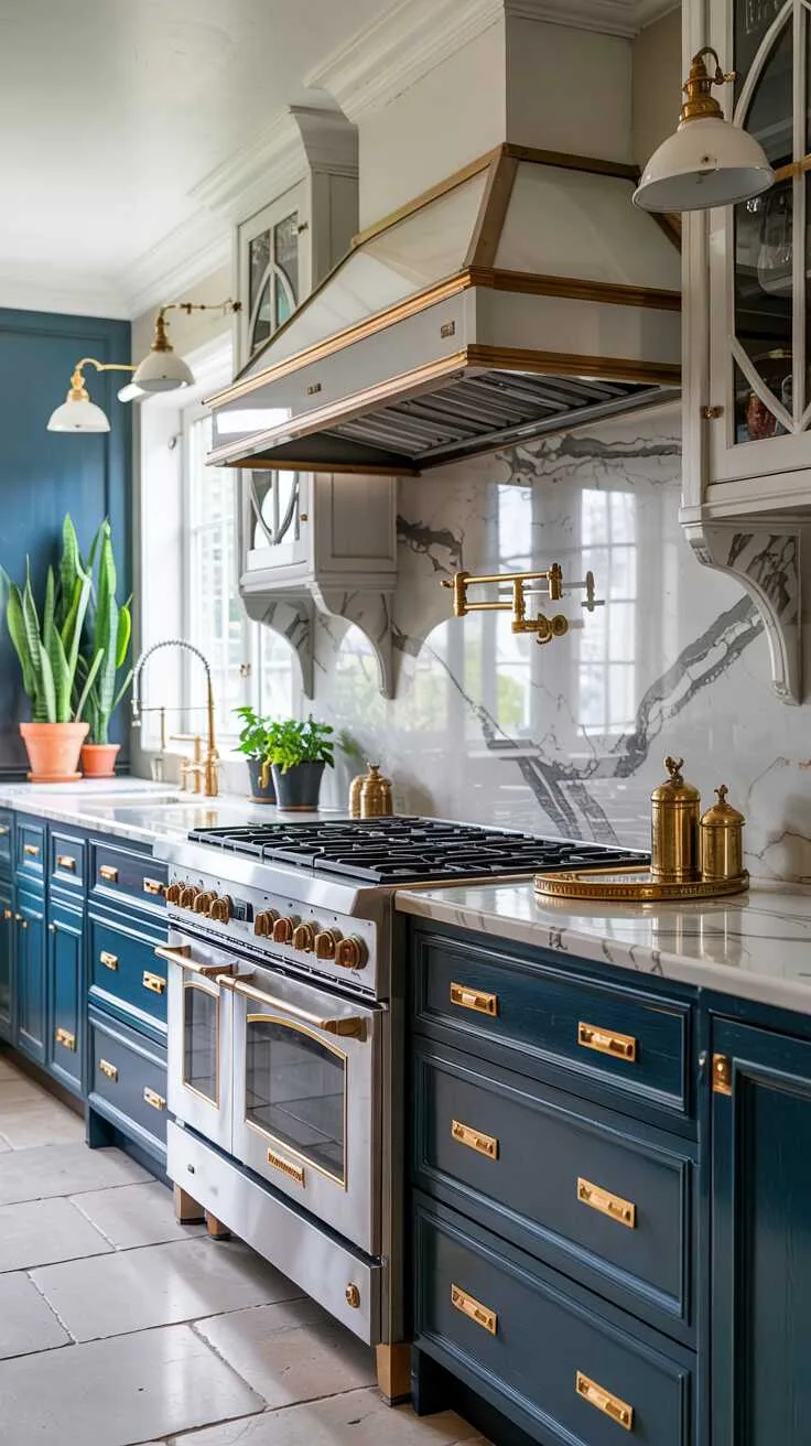 24 Bold Luxury Kitchen Design Ideas for Instant Glam 9 Luxury kitchen with marble countertop and backsplash, gold faucet and hardware, deep blue cabinets, stainless steel range hood, and white tile floor.