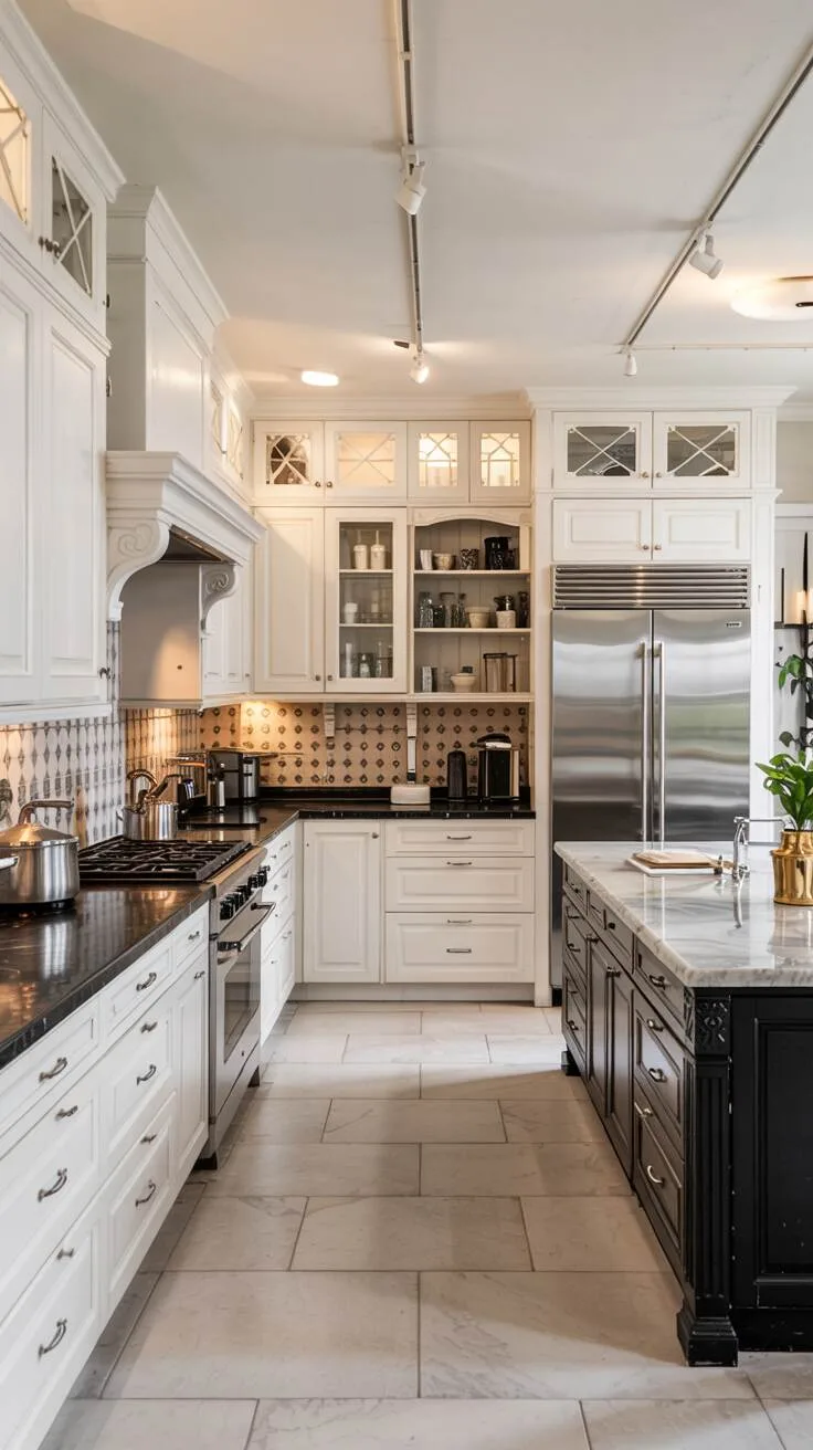 24 Bold Luxury Kitchen Design Ideas for Instant Glam 10 Monochrome luxury kitchen with white cabinets, black countertop, stainless steel appliances, geometric black and white backsplash, black island with marble top, and white tile floor.