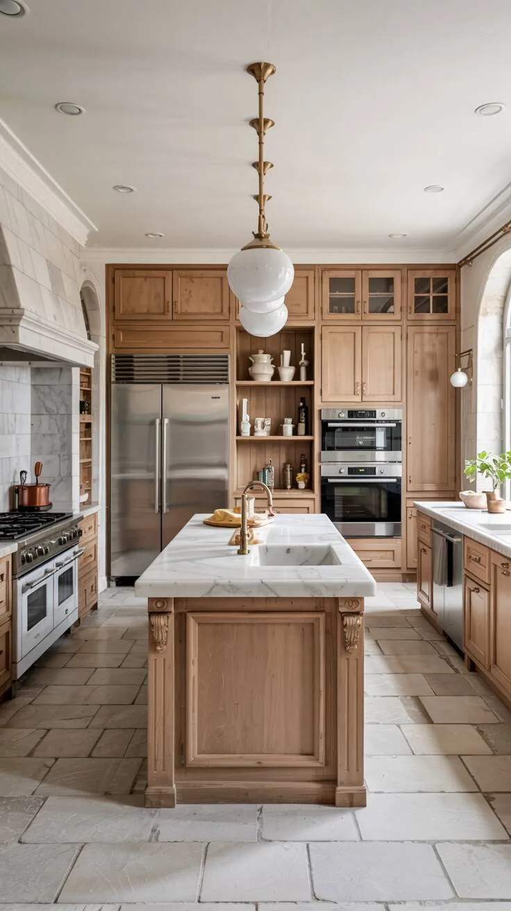 24 Bold Luxury Kitchen Design Ideas for Instant Glam 11 Modern luxury kitchen with light wood cabinets, large marble island with built-in sink, stainless steel appliances, pendant lighting, and white tile floor.