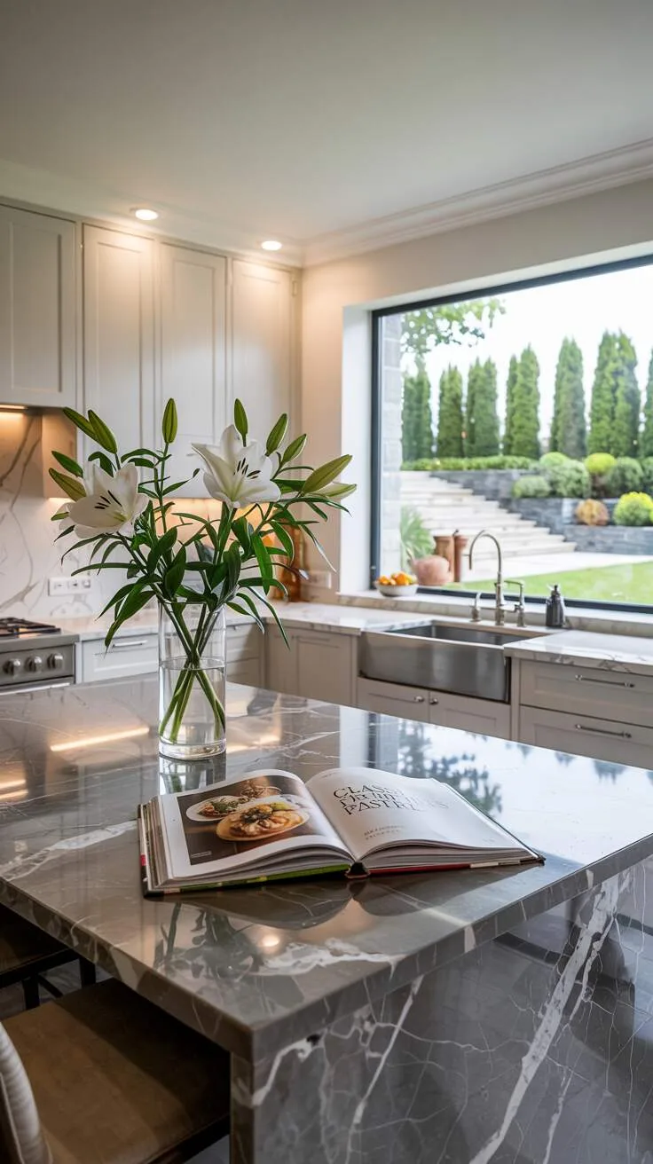 24 Bold Luxury Kitchen Design Ideas for Instant Glam 12 Modern luxury kitchen with white cabinetry, dark grey marble waterfall island, white lily bouquet, open cookbook displaying "Classic French Pastries," stainless steel appliances, and garden view.