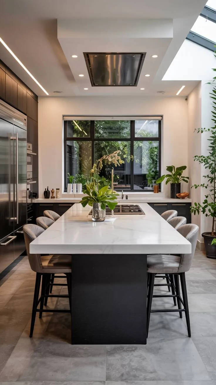 24 Bold Luxury Kitchen Design Ideas for Instant Glam 13 Modern luxury kitchen with white quartz waterfall island, gray velvet bar stools, charcoal gray cabinetry, stainless steel appliances, and garden view bathed in natural light.
