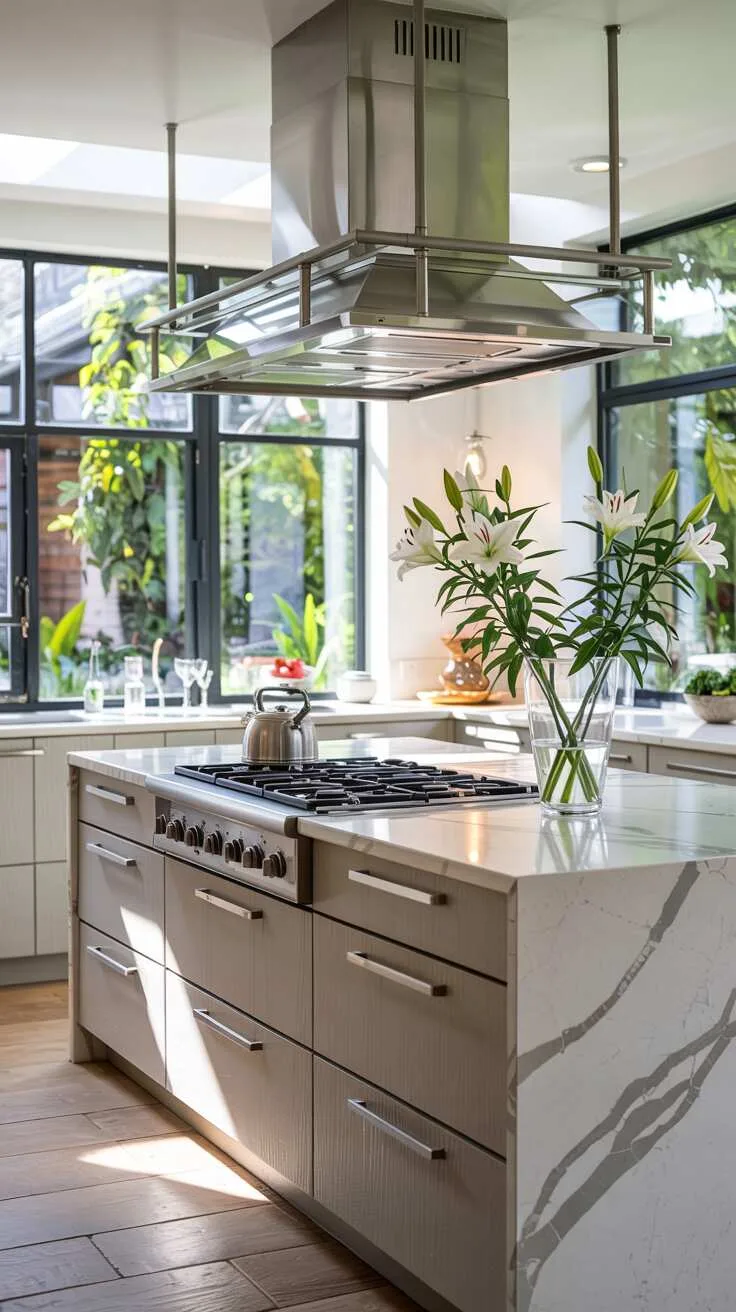 24 Bold Luxury Kitchen Design Ideas for Instant Glam 14 Modern luxury kitchen with warm gray handleless cabinets, white quartz island, stainless steel range hood, fresh lilies, and garden view in morning light.