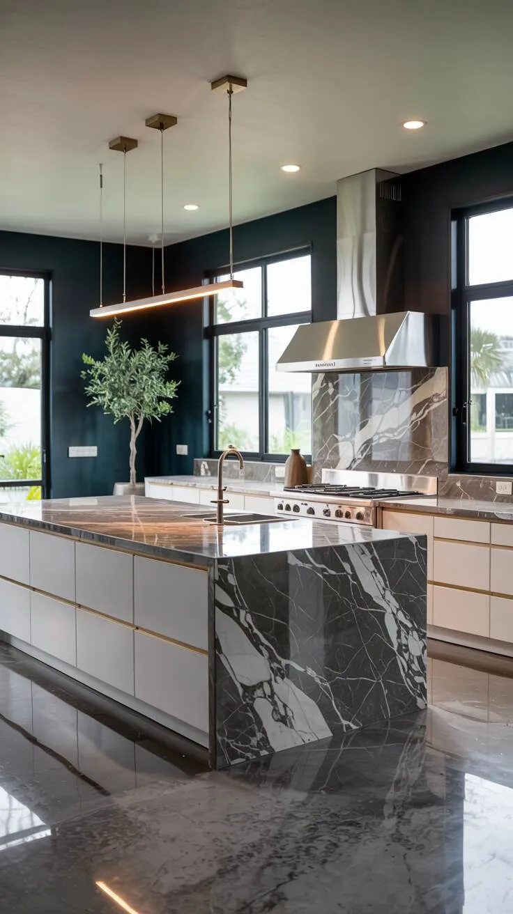 24 Bold Luxury Kitchen Design Ideas for Instant Glam 15 Modern luxury kitchen with dark grey marble waterfall island, white cabinetry with gold hardware, stainless steel range hood, dark teal walls, concrete floor, and olive tree.