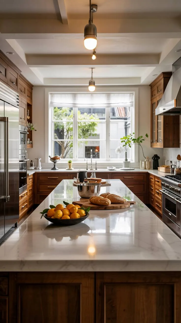 24 Bold Luxury Kitchen Design Ideas for Instant Glam 16 Modern luxury kitchen with white quartz island displaying lemons and artisan bread, dark wood cabinetry, stainless steel appliances, minimalist pendant lights, and garden view.