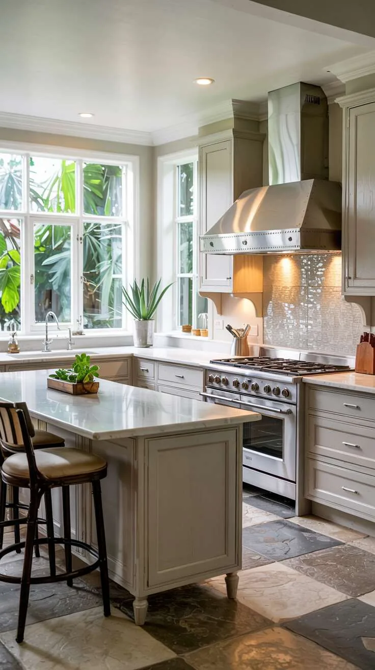 24 Bold Luxury Kitchen Design Ideas for Instant Glam 17 Spacious luxury kitchen with dark grey cabinetry, white quartz countertops, island with barstools, stainless steel range hood, mosaic backsplash, succulent plant, and garden view.