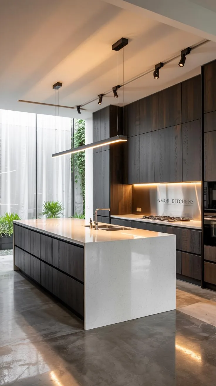 24 Bold Luxury Kitchen Design Ideas for Instant Glam 18 Modern luxury kitchen with white quartz island, charcoal gray handleless cabinetry, sculptural pendant light, concrete floor, garden view, and "Amor Kitchens" etched on stainless steel backsplash.