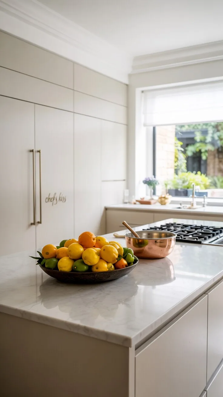 24 Bold Luxury Kitchen Design Ideas for Instant Glam 19 Modern minimalist luxury kitchen with white quartz island displaying lemons, limes, and copper mixing bowl, matte grey handleless cabinetry with gold hardware, "chef's kiss" emblem, and garden view.