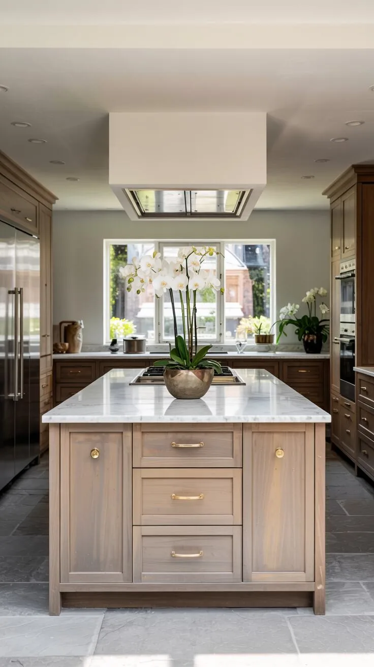 24 Bold Luxury Kitchen Design Ideas for Instant Glam 20 Modern kitchen with white quartz island displaying white orchids, grey cabinetry with gold hardware, stainless steel appliances, dark wood wall cabinetry, and garden view in natural light.