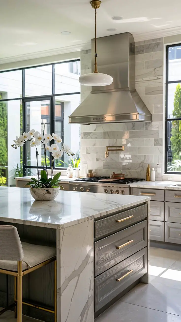 24 Bold Luxury Kitchen Design Ideas for Instant Glam 21 Modern luxury kitchen with white quartz waterfall island displaying white orchids, gold hardware, stainless steel range hood, dark grey cabinetry, light grey marble backsplash, pendant light, and garden view.