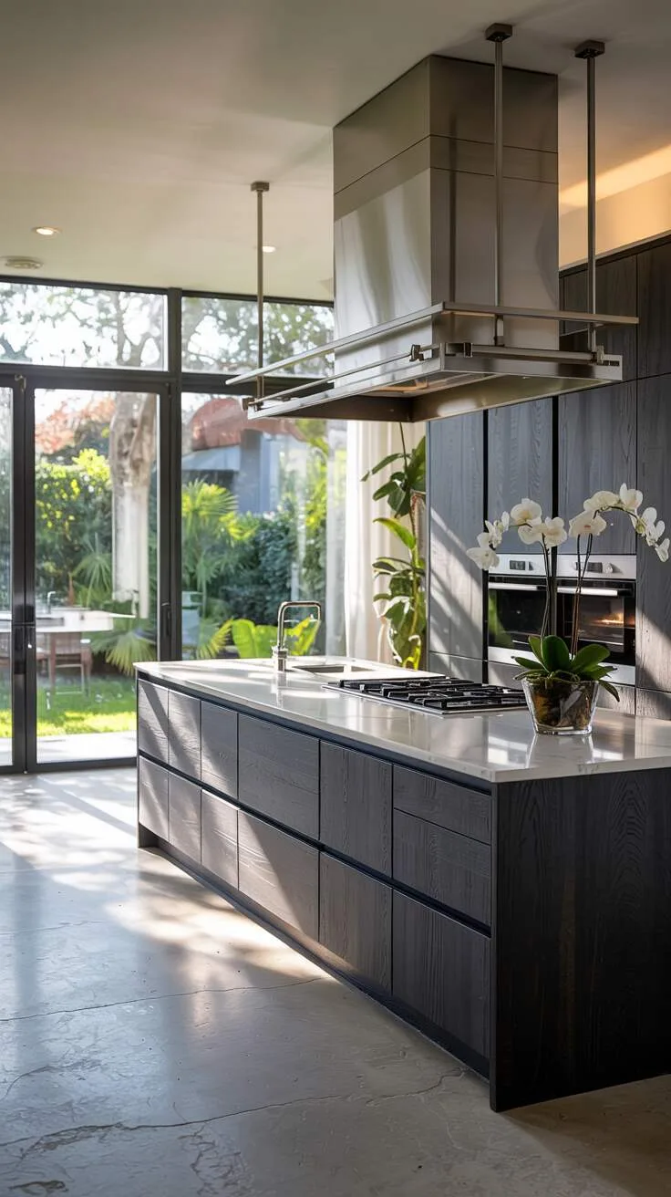 24 Bold Luxury Kitchen Design Ideas for Instant Glam 22 Wide modern luxury kitchen in morning light with dark charcoal handleless cabinetry, white quartz island with cooktop, pendant light, white orchids, floor-to-ceiling windows with garden view, and concrete floor.