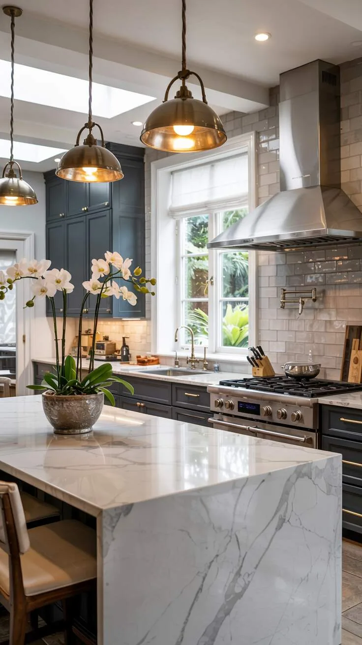 24 Bold Luxury Kitchen Design Ideas for Instant Glam 23 Modern luxury kitchen with white Carrara marble waterfall island, gold pendant lights, white orchids, navy blue handleless cabinetry, stainless steel range hood, glass tile backsplash, and garden view in natural light.