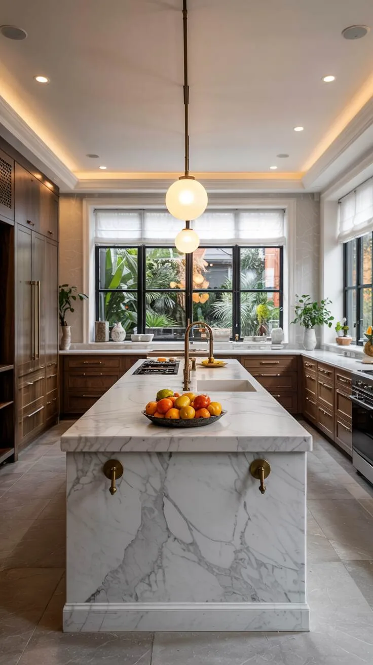 24 Bold Luxury Kitchen Design Ideas for Instant Glam 24 Modern luxury kitchen with white marble island featuring brass fixtures and prep sink, bowl of citrus fruits, dark charcoal handleless cabinetry, recessed lighting, pendant fixture, and garden view in natural light.