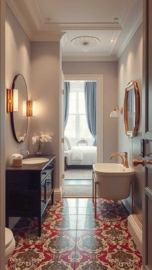 Elegant bathroom leading to a well-decorated bedroom