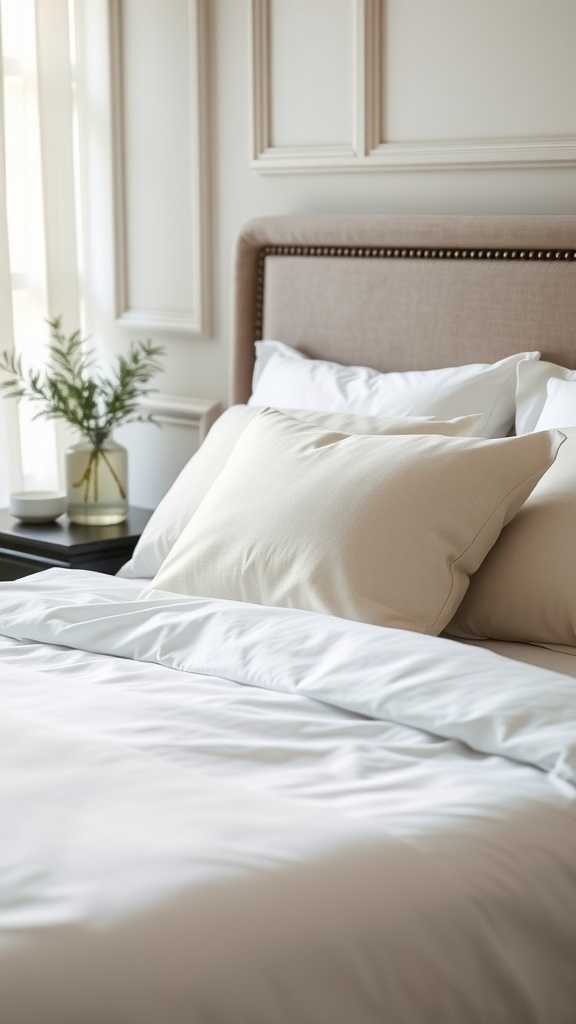 A beautifully styled bed with luxurious linens and soft pillows in a sophisticated bedroom setting.