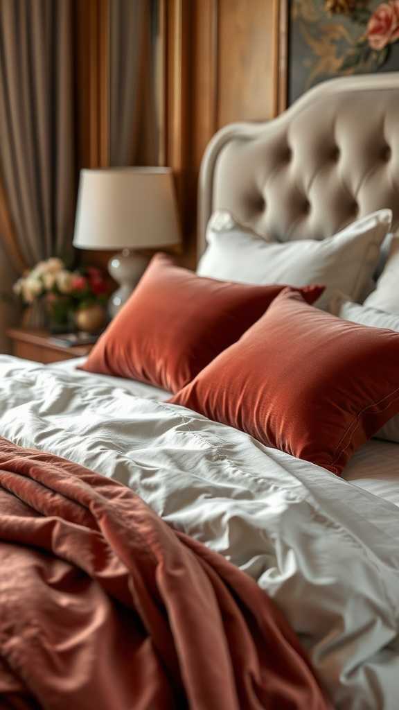 A beautifully arranged bed with luxurious bedding fabrics, featuring soft pillows and a cozy throw.