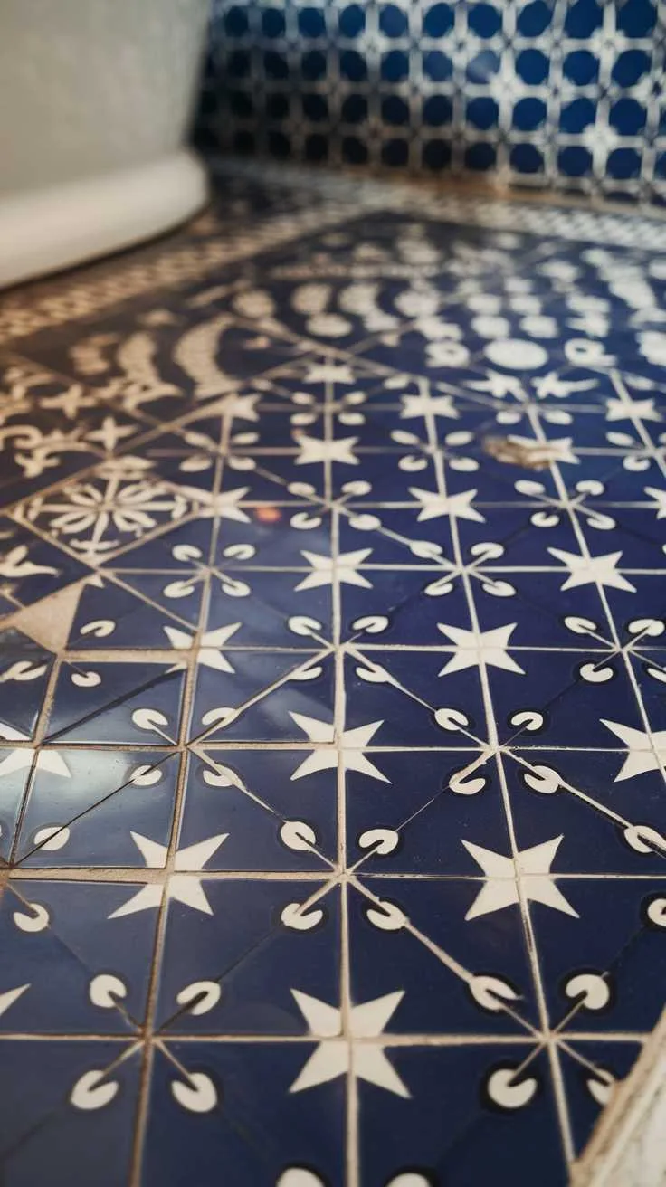 Close-up of intricate navy blue and white tile patterns in a bathroom.