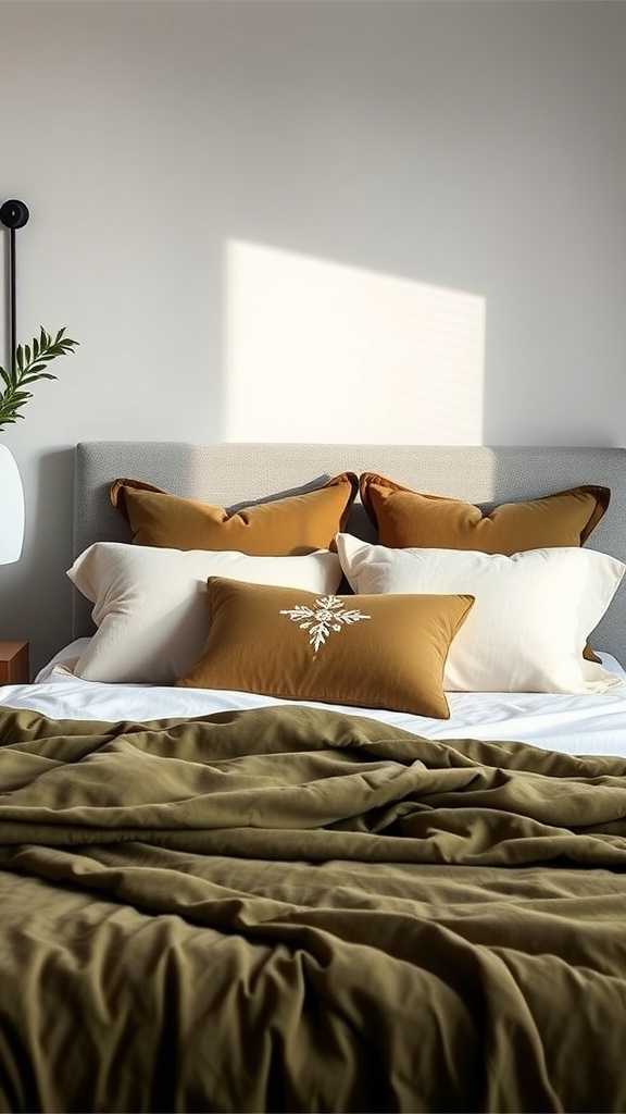 Luxurious olive green bedding with warm-toned pillows on a bed