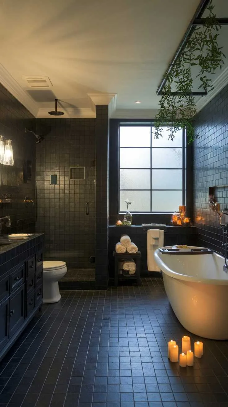 A stylish black tile bathroom featuring a freestanding tub, candles, and soft lighting.