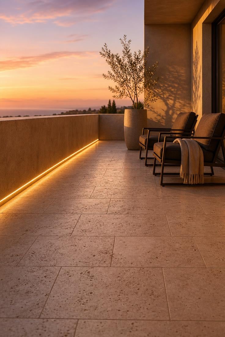 10 Luxury Balcony Design Ideas for a Polished Retreat 1 Honed travertine balcony floor tiles in cream tones with recessed brass LED edge lighting glowing at golden hour