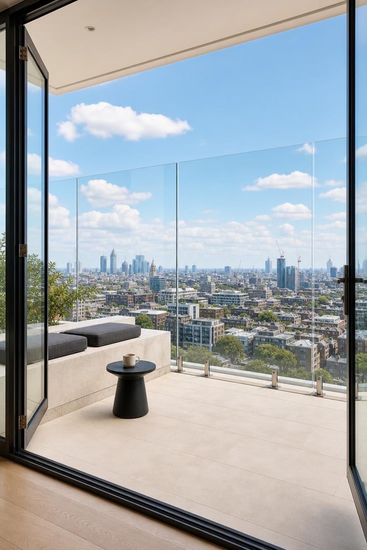 10 Luxury Balcony Design Ideas for a Polished Retreat 2 Frameless glass railing on a modern balcony framing an unbroken city skyline view in bright midday light