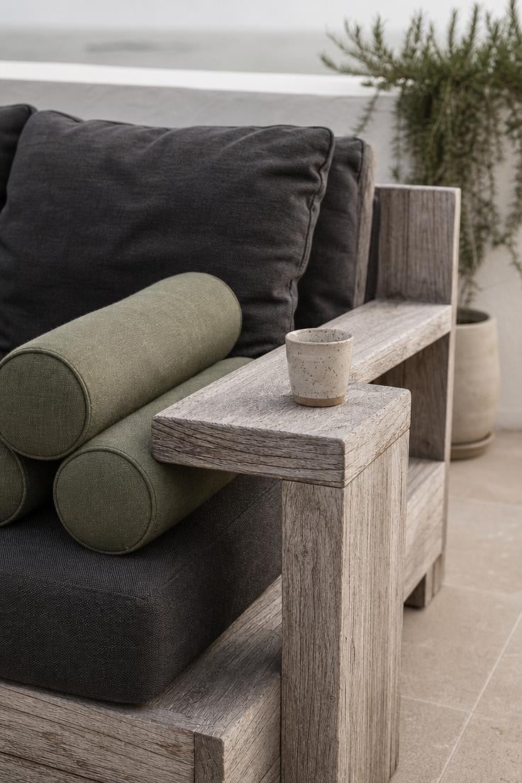 10 Luxury Balcony Design Ideas for a Polished Retreat 3 Close-up of weathered silver-toned teak modular sofa with charcoal linen cushions and sage cylinder pillows on a balcony
