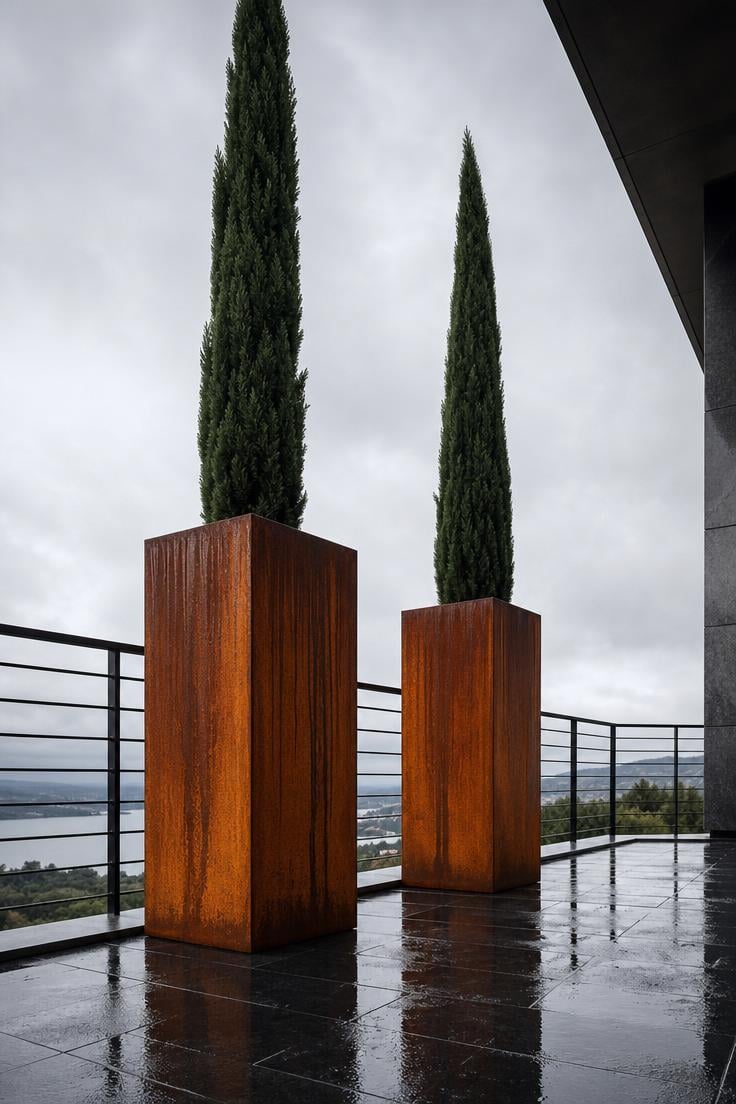 10 Luxury Balcony Design Ideas for a Polished Retreat 4 Tall corten steel planters with columnar Italian cypress trees on a luxury balcony in cool overcast light