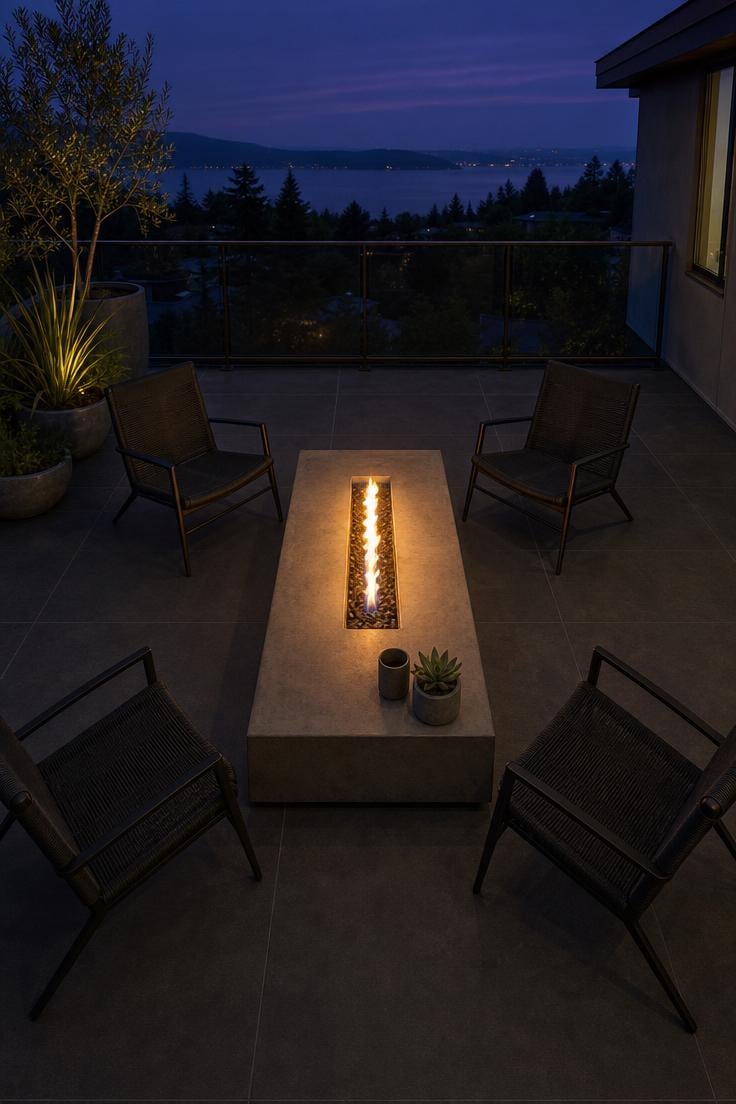 10 Luxury Balcony Design Ideas for a Polished Retreat 5 Overhead view of a polished concrete fire table with linear gas flame on dark porcelain tile balcony at dusk