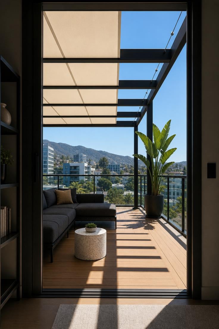 10 Luxury Balcony Design Ideas for a Polished Retreat 6 Matte black steel pergola with half-retracted canvas shade panels over a luxury balcony seen from interior doorway at midday