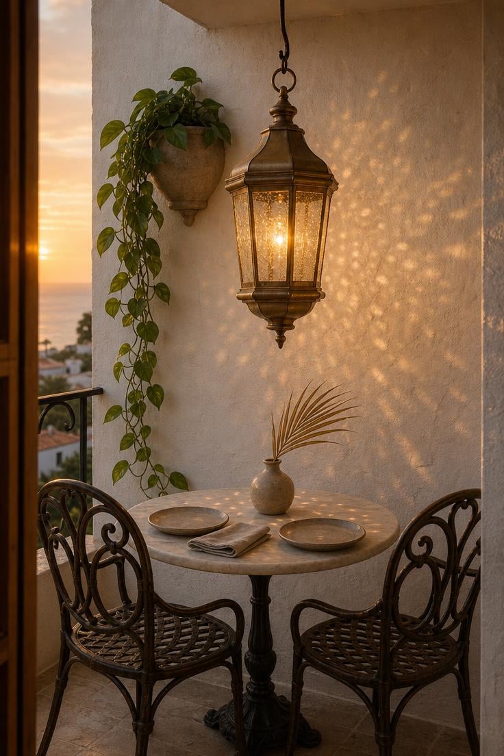 10 Luxury Balcony Design Ideas for a Polished Retreat 7 Oversized brass pendant lantern casting warm light over a honed marble bistro table on a luxury balcony at golden hour