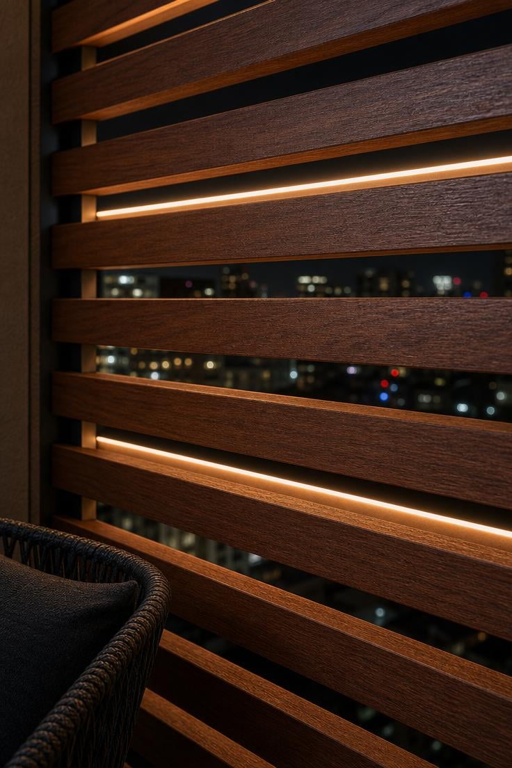 10 Luxury Balcony Design Ideas for a Polished Retreat 8 Close-up of slatted ipe wood balcony privacy wall with warm LED strip lighting glowing between horizontal slats at evening