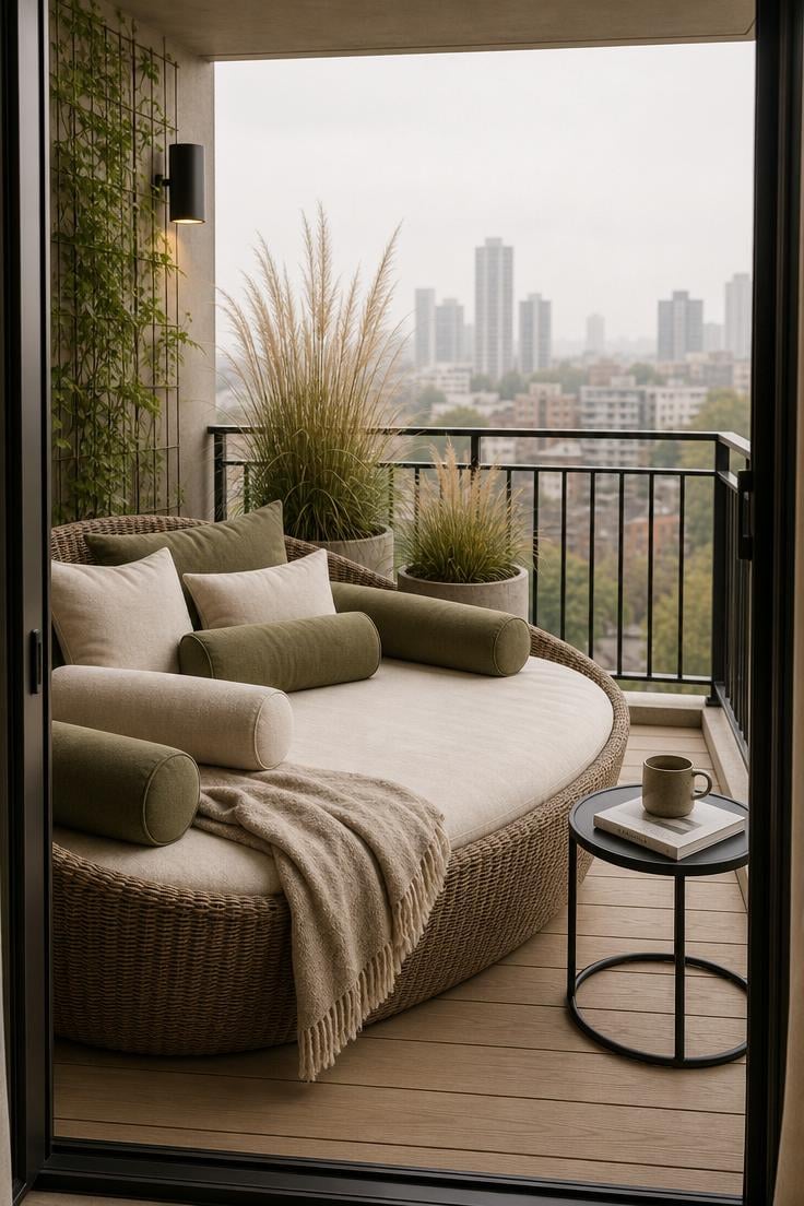 10 Luxury Balcony Design Ideas for a Polished Retreat 9 Woven gray all-weather fiber daybed with olive linen cylinder pillows on a compact luxury balcony in soft diffused light