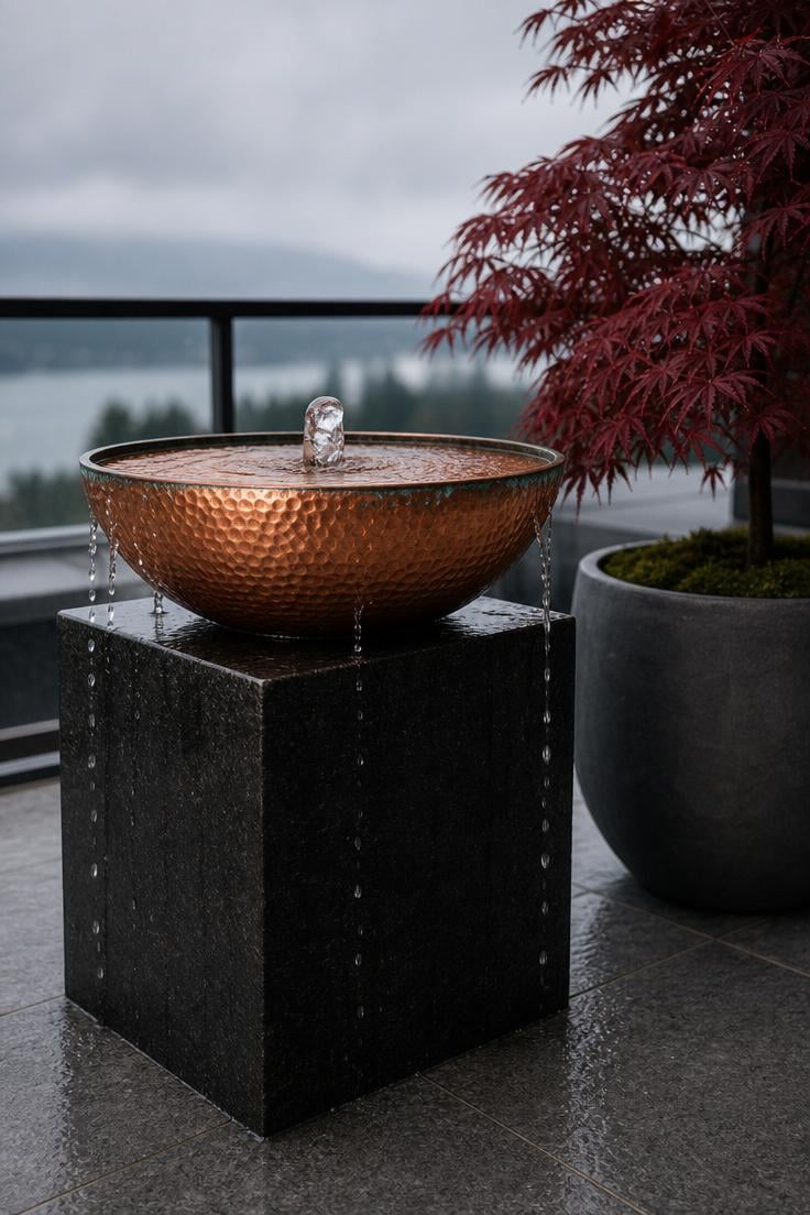 10 Luxury Balcony Design Ideas for a Polished Retreat 10 Hammered copper bowl fountain on polished basalt pedestal beside a Japanese maple planter on a luxury balcony in overcast light