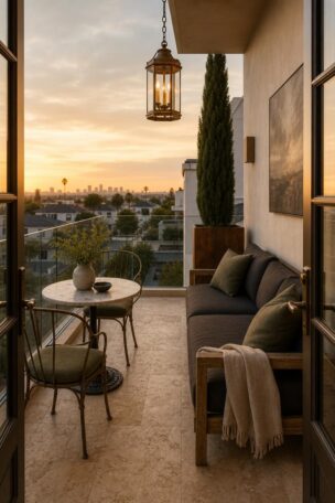A luxury balcony at golden hour with travertine floors, teak sofa, marble bistro table, brass lantern, and frameless glass railing overlooking a city skyline