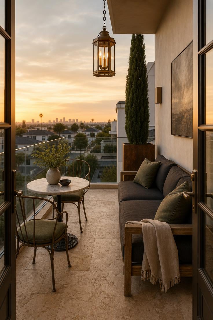 Simple Spaces 15 A luxury balcony at golden hour with travertine floors, teak sofa, marble bistro table, brass lantern, and frameless glass railing overlooking a city skyline