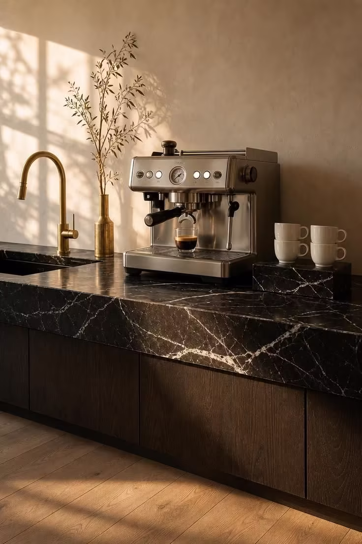 Nero Marquina marble countertop luxury coffee bar with unlacquered brass gooseneck faucet and stacked white ceramic cups in warm golden light.