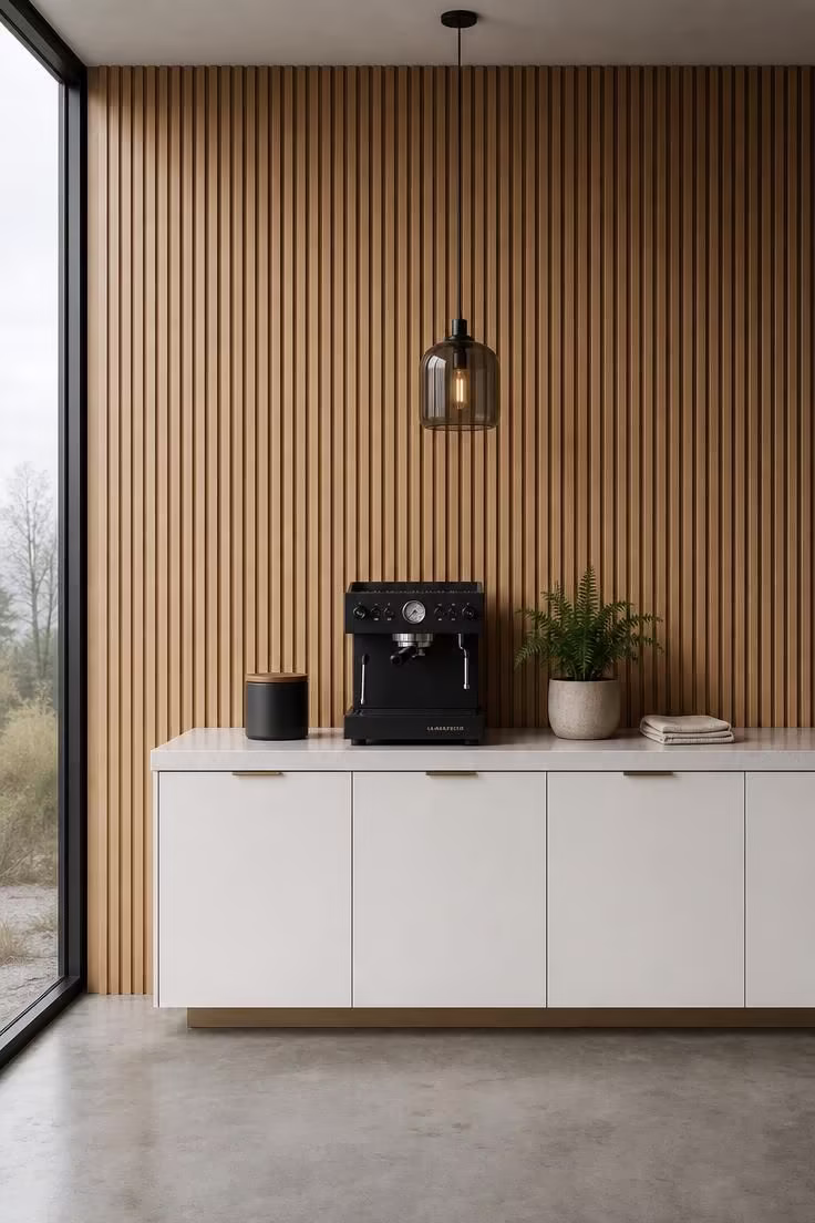 Wide view of a fluted white oak panel wall behind a matte black espresso machine on a pale quartz countertop in cool overcast light.