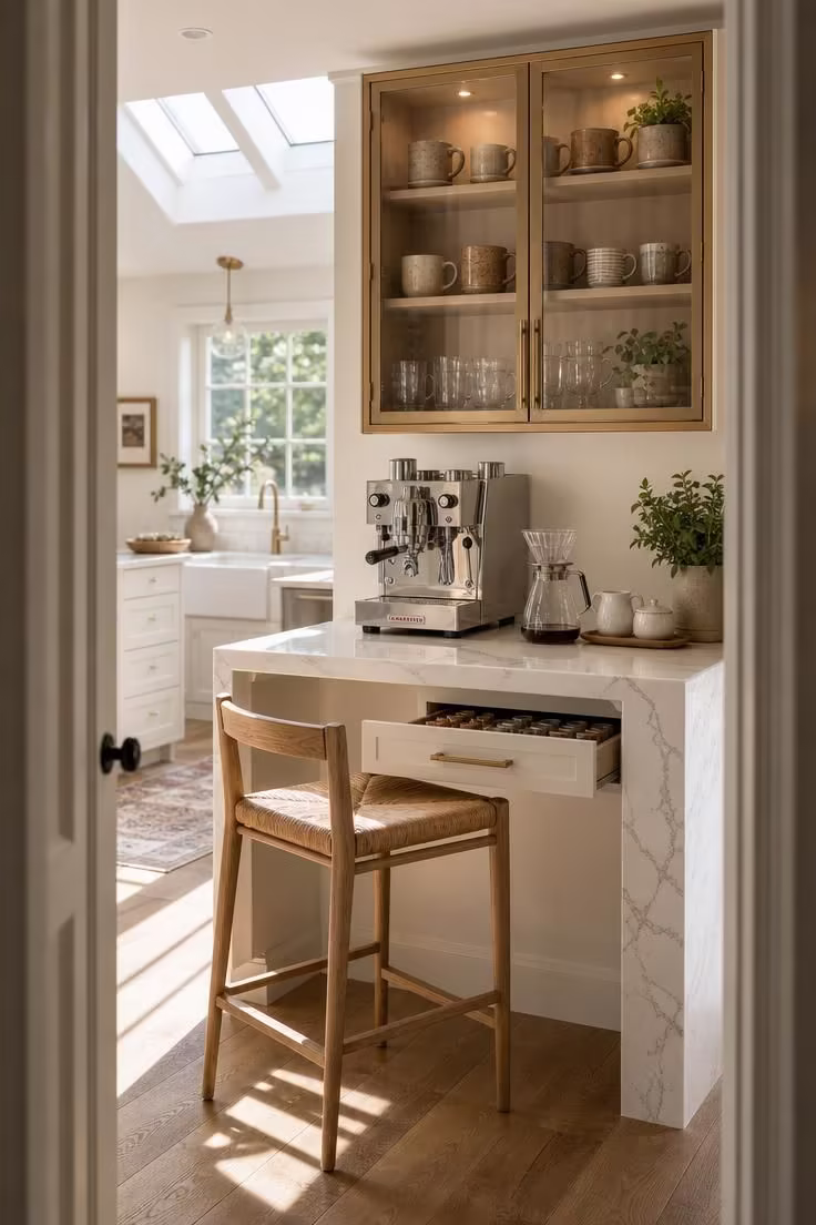 Calacatta quartz kitchen island end-cap coffee bar with glass-front upper cabinets, LED-lit mug display, and bright midday sunlight.