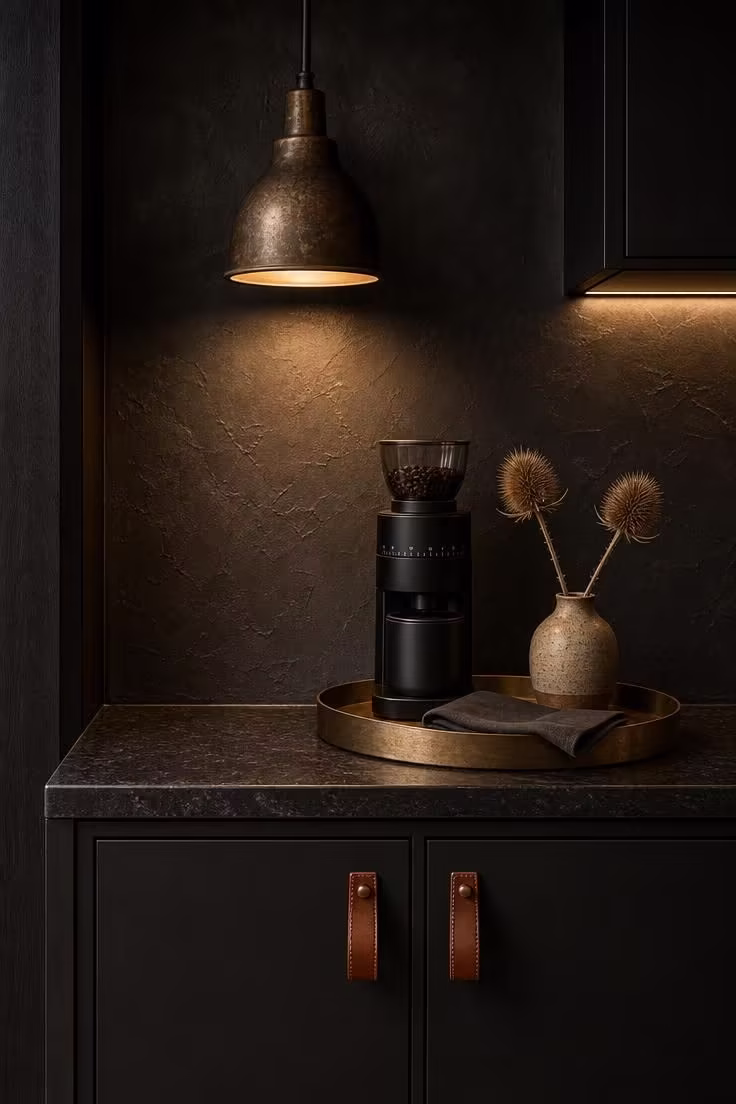 Close-up of a dark plaster alcove coffee bar with aged bronze pendant light, cognac leather cabinet pulls, and honed black granite counter in moody low light.