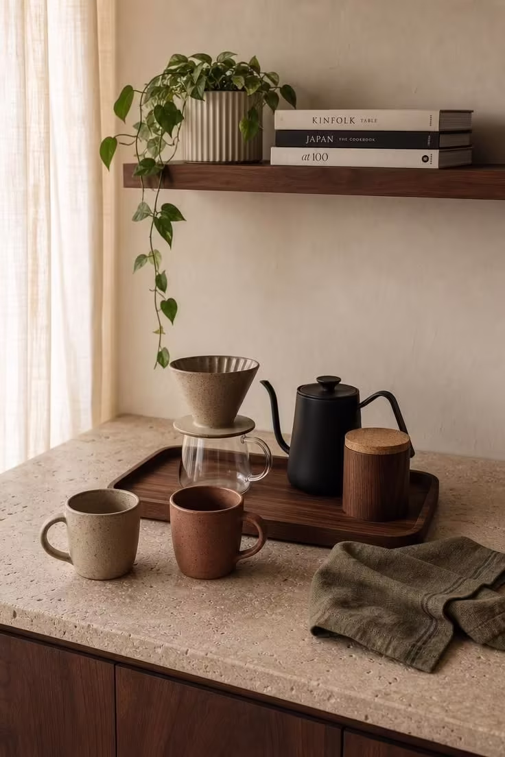 Honed travertine countertop coffee bar with walnut tray holding a ceramic pour-over set and stoneware mugs in soft diffused natural light.