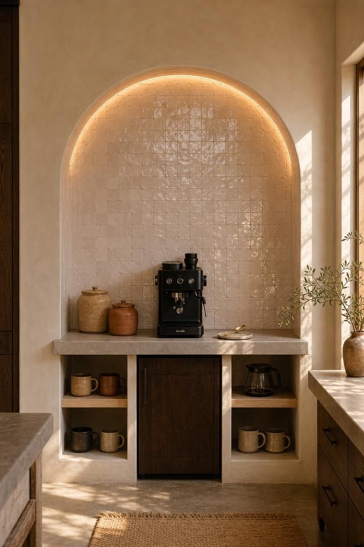 Arched zellige tile niche coffee bar with polished concrete counter, matte black espresso machine, and warm golden light highlighting the handmade tile surface.