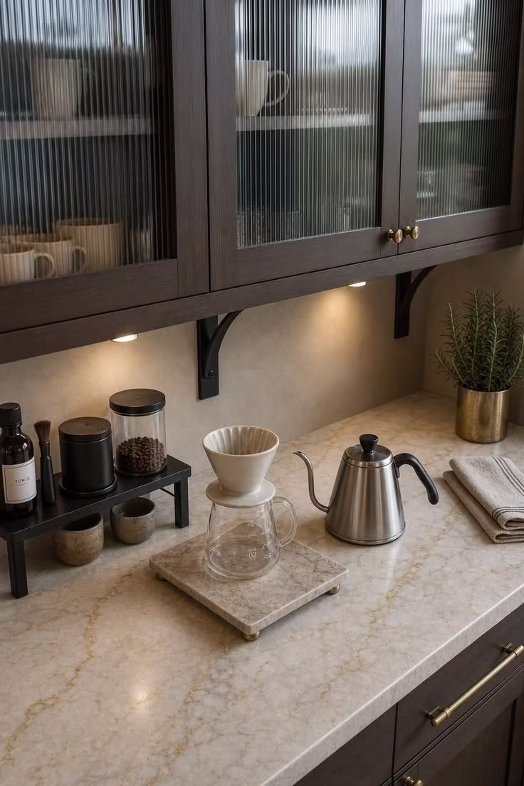 Overhead view of a Taj Mahal quartzite countertop coffee bar with ribbed glass cabinet doors, pour-over carafe, and cool overcast light.