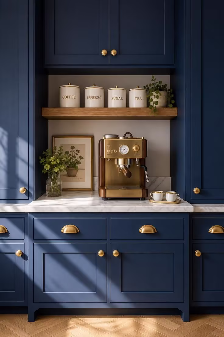 Eye-level view of midnight blue shaker cabinetry with brushed gold hardware, white marble countertop, and bright midday sun highlighting the metallic finishes.