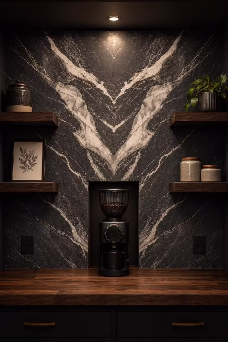 Close-up of a book-matched porcelain slab backsplash with symmetrical veining pattern and a recessed built-in grinder nook in moody low light.