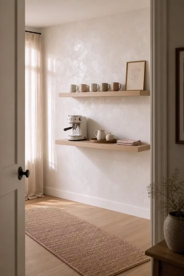 Doorway view of a white Venetian plaster wall with two floating ash wood shelves holding a minimalist coffee station and ceramic mugs in soft diffused afternoon light.