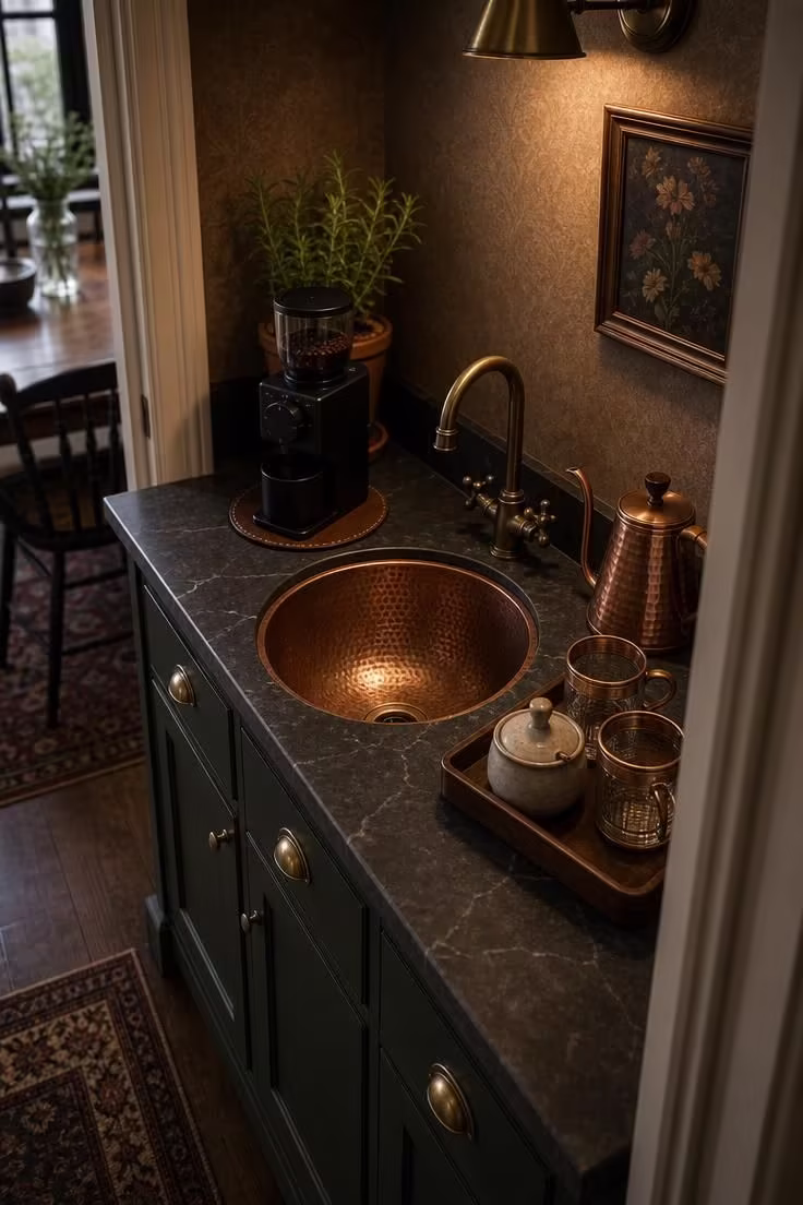 Overhead view of a hammered copper sink basin in a butler's pantry coffee corner with soapstone counter, dark green cabinetry, and warm golden sconce light.